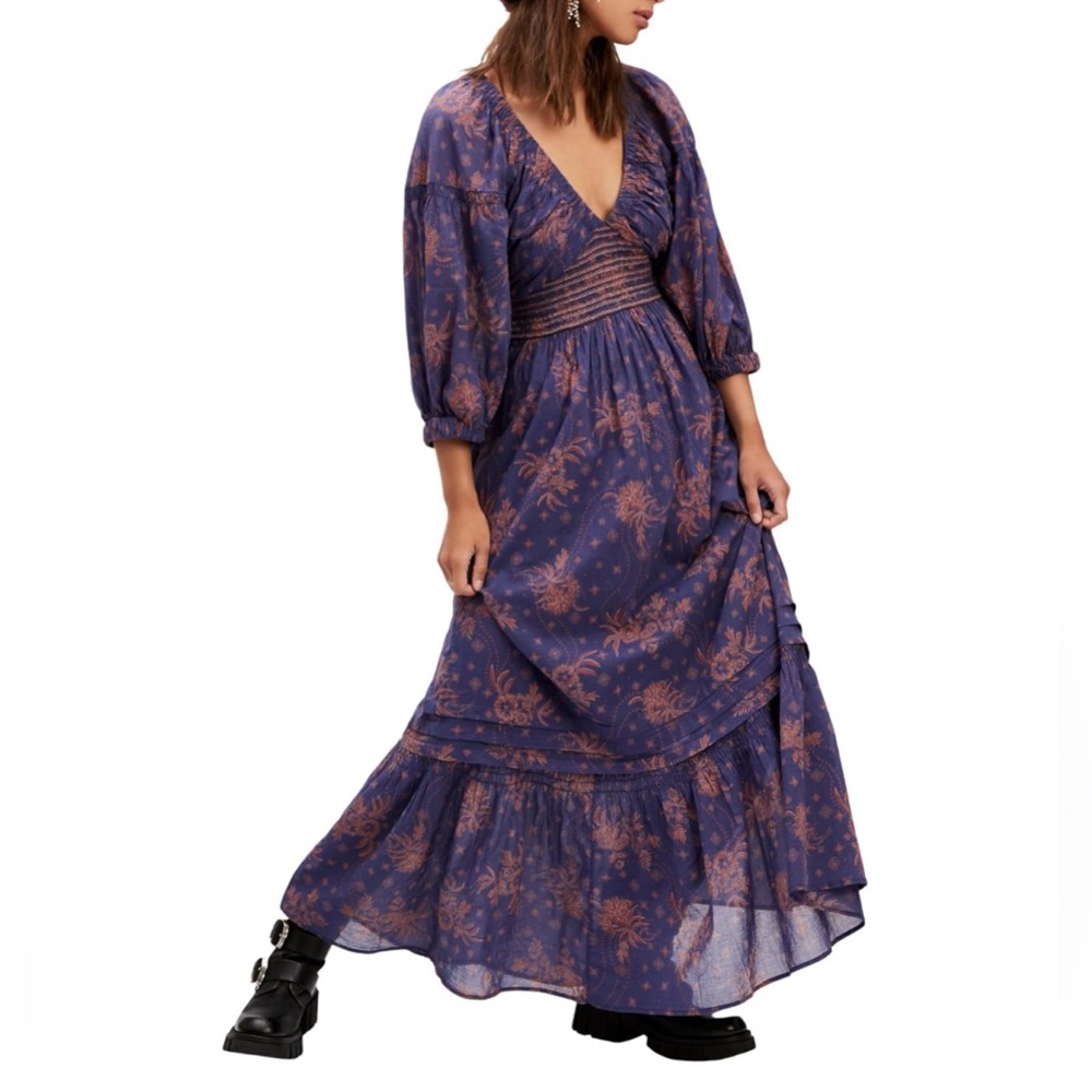 Free People Women’s Golden Hour Smocked Multicolor Maxi Dress Sz Large